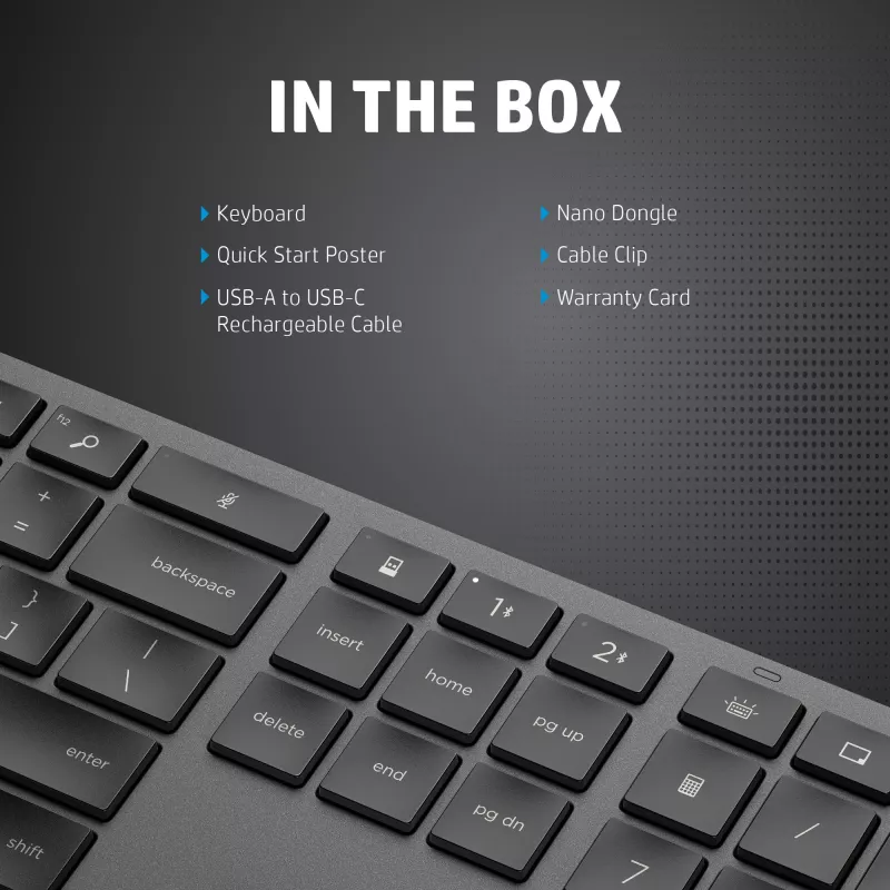HP 975 belaidė klaviatūra dviejų režimų, pilno dydžio, RF belaidė + Bluetooth, juoda
