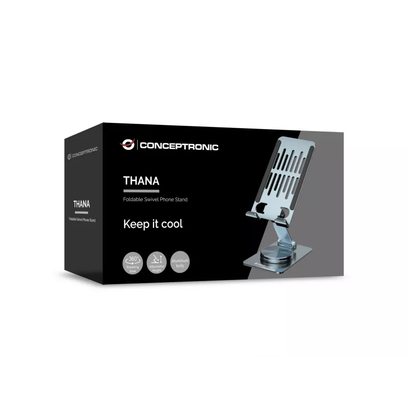 Sulankstomas sukamas telefono stovas CONCEPTRONIC THANA08G, 360° besisukantis pagrindas, reguliuojamas aukštis, sidabrinis