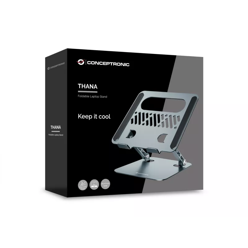 Nešiojamojo kompiuterio stovas CONCEPTRONIC THANA10G – sulankstomas, aliuminis, reguliuojamas aukštis, pilka, 240×220×50 mm