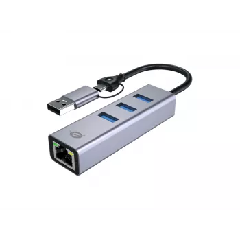 USB-C į Gigabit tinklo adapteris su 3 prievadų USB šakotuvu CONCEPTRONIC ABBY25G — USB 3.2 Gen 1, 1 Gbps Ethernet, 3x USB-A, aliuminis, pilka