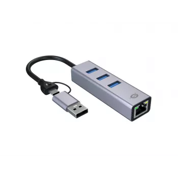 USB-C į Gigabit tinklo adapteris su 3 prievadų USB šakotuvu CONCEPTRONIC ABBY25G — USB 3.2 Gen 1, 1 Gbps Ethernet, 3x USB-A, aliuminis, pilka