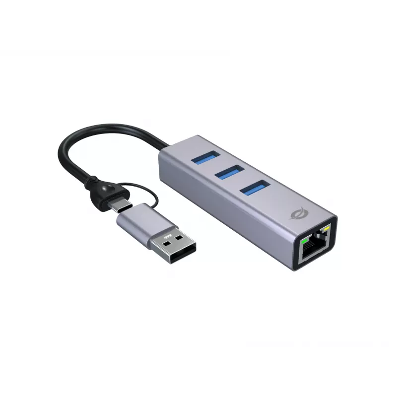 USB-C į Gigabit tinklo adapteris su 3 prievadų USB šakotuvu CONCEPTRONIC ABBY25G — USB 3.2 Gen 1, 1 Gbps Ethernet, 3x USB-A, aliuminis, pilka