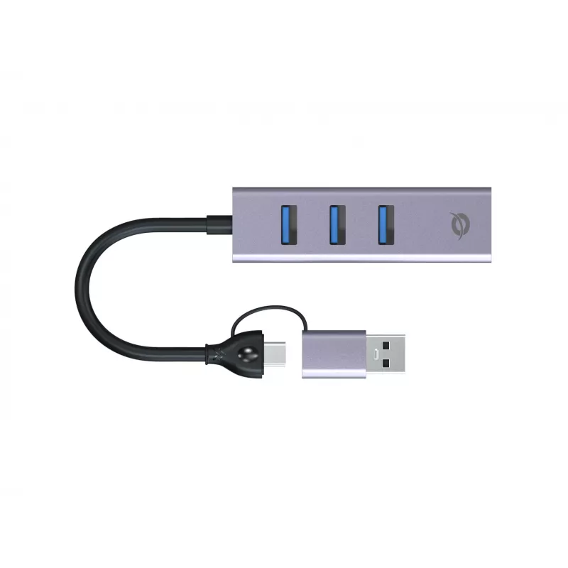USB-C į Gigabit tinklo adapteris su 3 prievadų USB šakotuvu CONCEPTRONIC ABBY25G — USB 3.2 Gen 1, 1 Gbps Ethernet, 3x USB-A, aliuminis, pilka