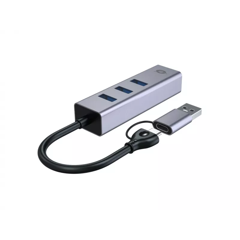 USB-C į Gigabit tinklo adapteris su 3 prievadų USB šakotuvu CONCEPTRONIC ABBY25G — USB 3.2 Gen 1, 1 Gbps Ethernet, 3x USB-A, aliuminis, pilka