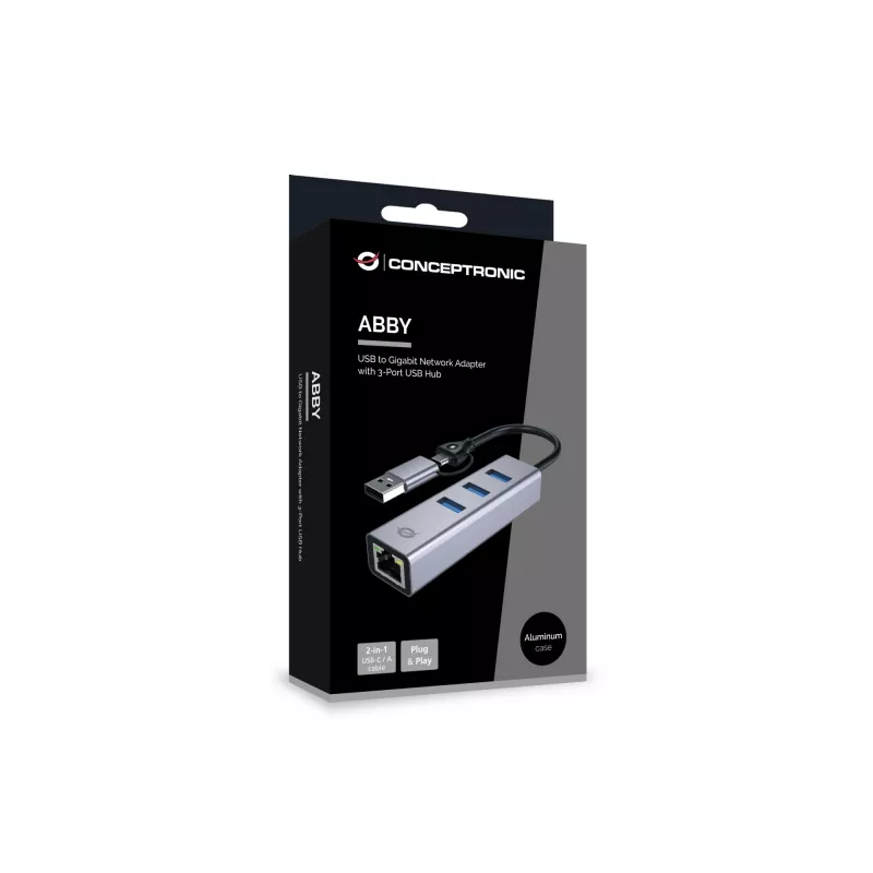 USB-C į Gigabit tinklo adapteris su 3 prievadų USB šakotuvu CONCEPTRONIC ABBY25G — USB 3.2 Gen 1, 1 Gbps Ethernet, 3x USB-A, aliuminis, pilka