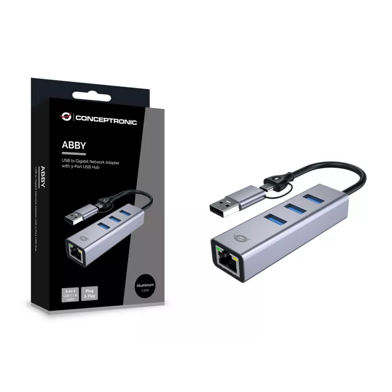 USB-C į Gigabit tinklo adapteris su 3 prievadų USB šakotuvu CONCEPTRONIC ABBY25G — USB 3.2 Gen 1, 1 Gbps Ethernet, 3x USB-A, aliuminis, pilka