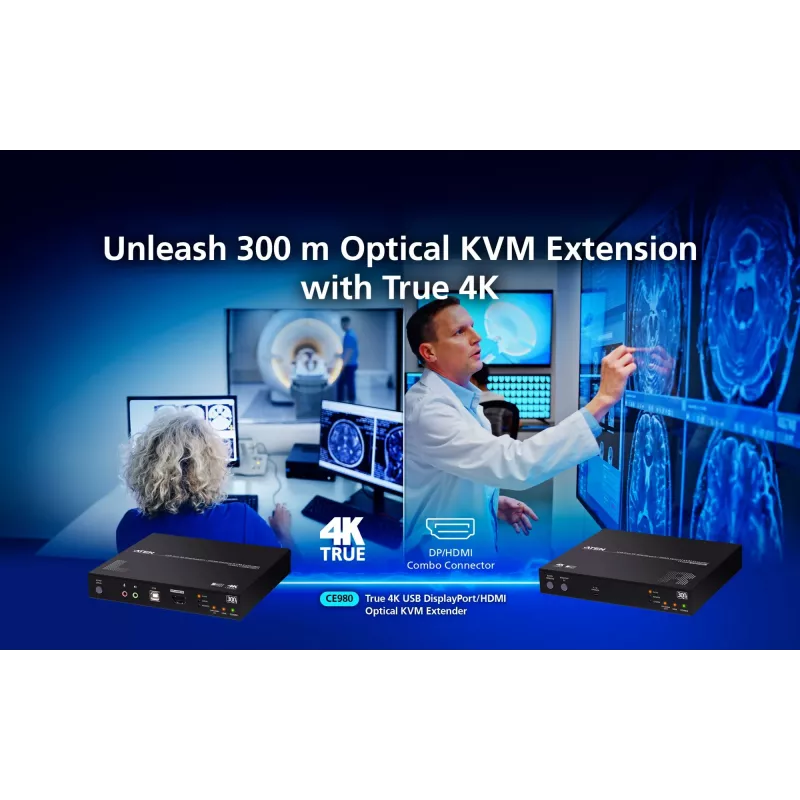 KVM prailgintuvas ATEN True 4K DP/HDMI Optinis KVM 300m – Siųstuvas ir imtuvas, DisplayPort/HDMI, USB, 300 m