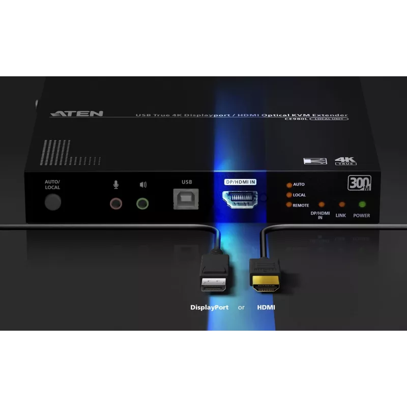 KVM prailgintuvas ATEN True 4K DP/HDMI Optinis KVM 300m – Siųstuvas ir imtuvas, DisplayPort/HDMI, USB, 300 m