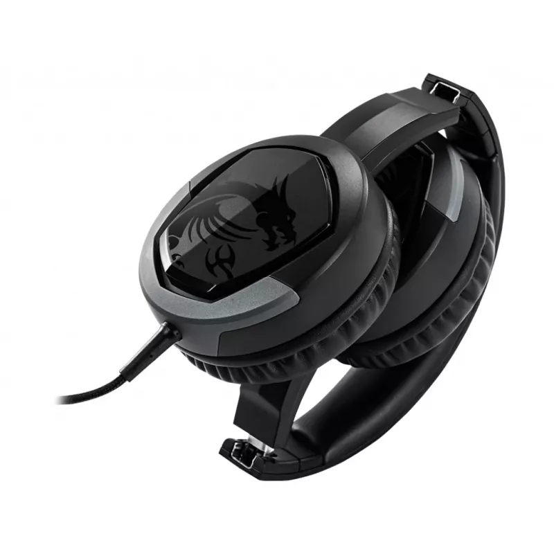 MSI IMMERSE GH30 V2 žaidimų ausinės 'Juodos su ikoniniu drakono logotipu, laidinės su nuotolinio valdymo pulteliu ir skirstytuvu, 40 mm tvarkyklės, nuimamas mikrofonas, lengvai sulankstomas dizainas'