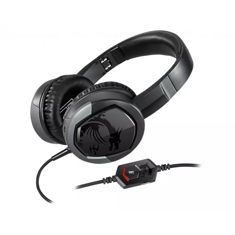 MSI IMMERSE GH30 V2 žaidimų ausinės 'Juodos su ikoniniu drakono logotipu, laidinės su nuotolinio valdymo pulteliu ir skirstytuvu, 40 mm tvarkyklės, nuimamas mikrofonas, lengvai sulankstomas dizainas'