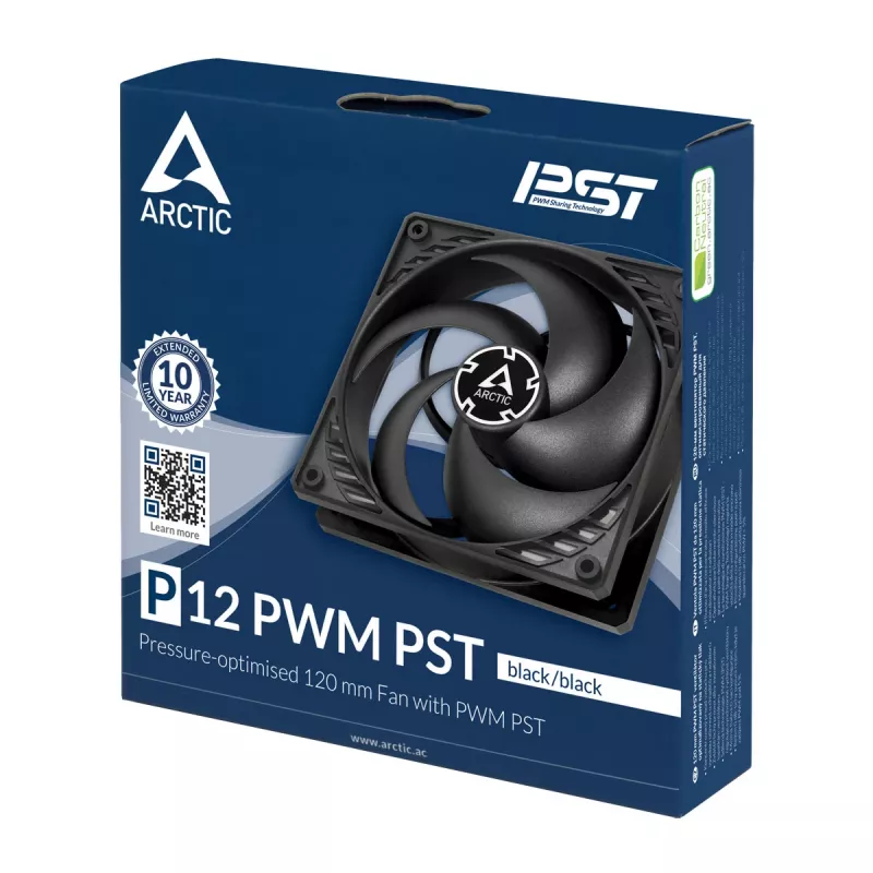 ARCTIC P12 PWM PST (Juoda/Juoda) slėgiui optimizuotas 120 mm ventiliatorius su PWM PST