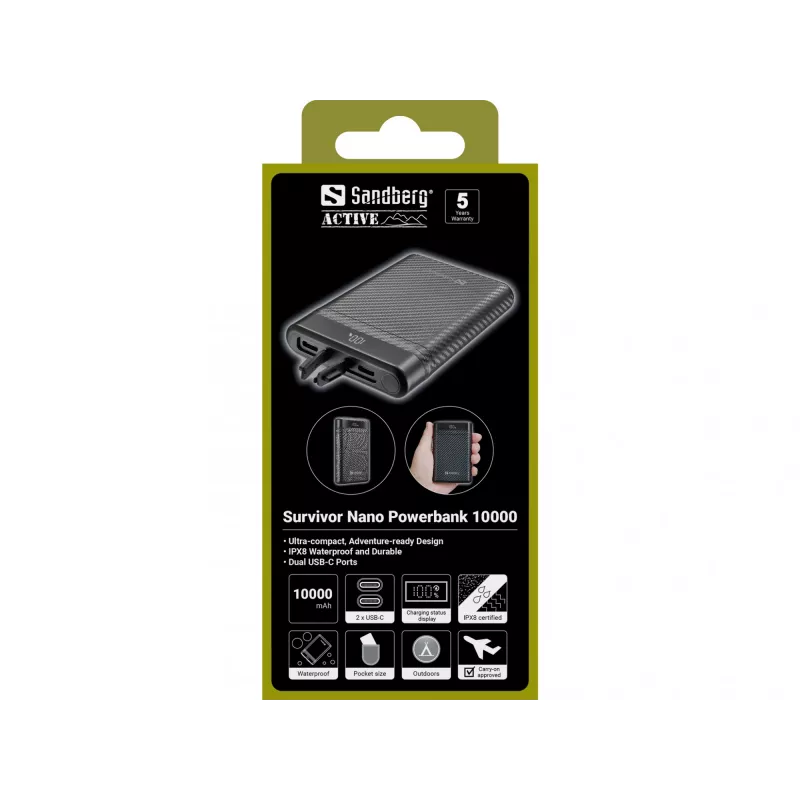 Sandberg Survivor Nano Powerbank 10000, 10000 mAh, Li-Ion, 3.7 V, 20 W, juoda