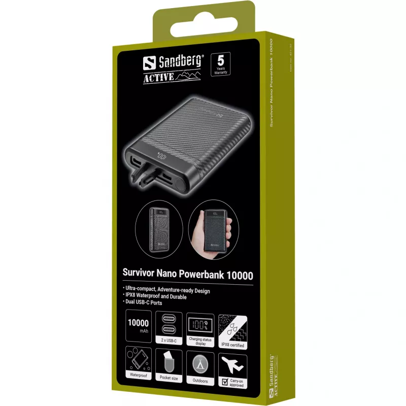 Sandberg Survivor Nano Powerbank 10000, 10000 mAh, Li-Ion, 3.7 V, 20 W, juoda
