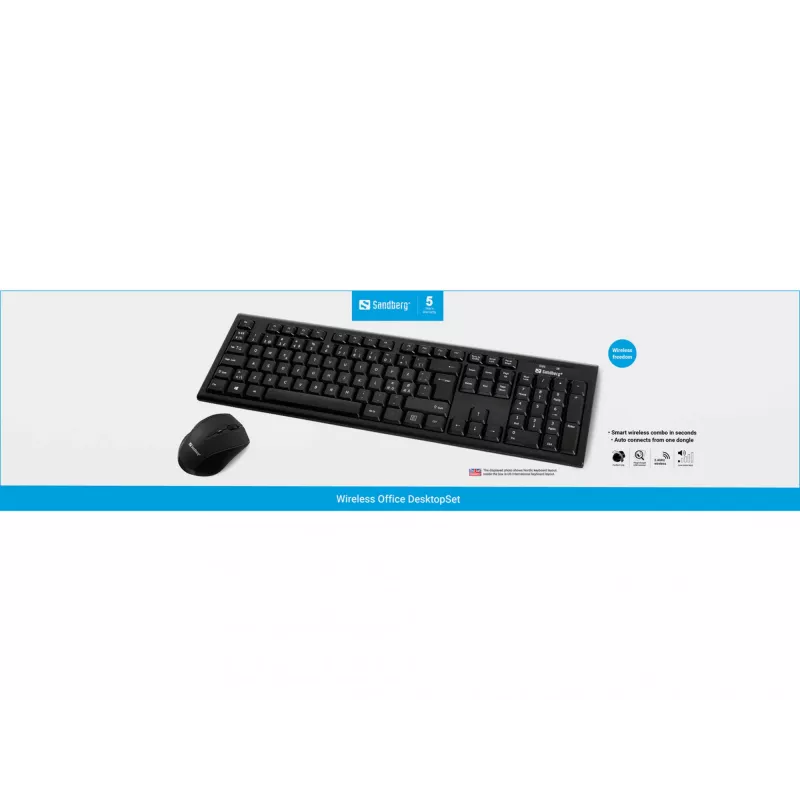 Sandberg Wireless Office DesktopSet INT, belaidė klaviatūra ir pelė, RF, membraninė, QWERTY, juoda
