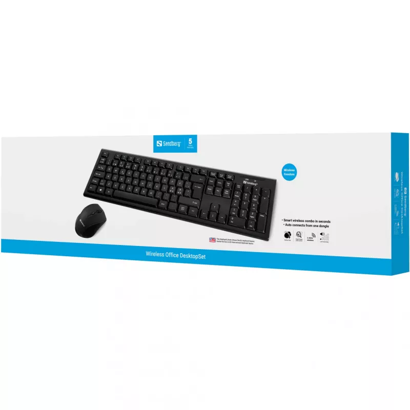 Sandberg Wireless Office DesktopSet INT, belaidė klaviatūra ir pelė, RF, membraninė, QWERTY, juoda