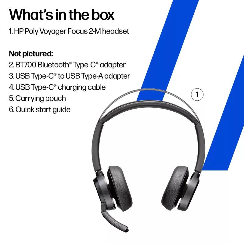 HP Poly Voyager Focus 2 Microsoft Teams sertifikuotas USB-C-C ausinių rinkinys su USB-C/A adapteriu