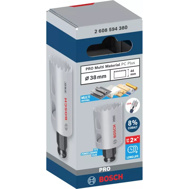 Koroninis pjūklas Bosch PRO Multi Material PC Plus 44/38 mm — vienetas, Ø 38 mm, gipso kartonui, metalui, spalvotajam metalui, plastikui, minkštajai medienai