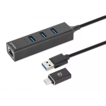 Manhattan USB-C & USB-A jungtis / šakotuvas, 4 prievadai: Ethernet ir 3x USB-A, 5 Gbps (USB 3.2 Gen1), maitinamas iš USB