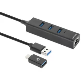 Manhattan USB-C & USB-A jungtis / šakotuvas, 4 prievadai: Ethernet ir 3x USB-A, 5 Gbps (USB 3.2 Gen1), maitinamas iš USB