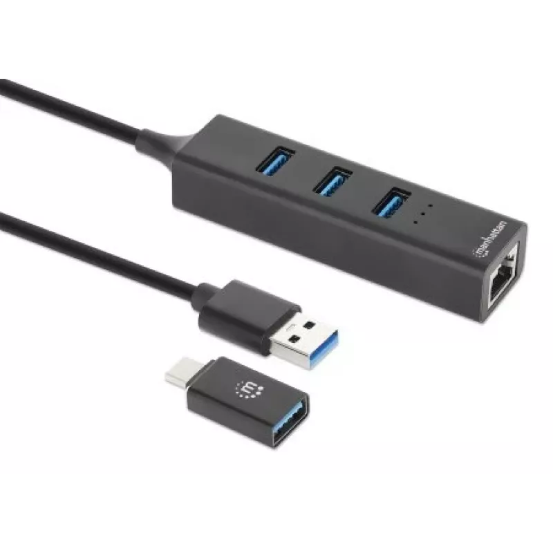Manhattan USB-C & USB-A jungtis / šakotuvas, 4 prievadai: Ethernet ir 3x USB-A, 5 Gbps (USB 3.2 Gen1), maitinamas iš USB