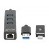 Manhattan USB-C & USB-A jungtis / šakotuvas, 4 prievadai: Ethernet ir 3x USB-A, 5 Gbps (USB 3.2 Gen1), maitinamas iš USB