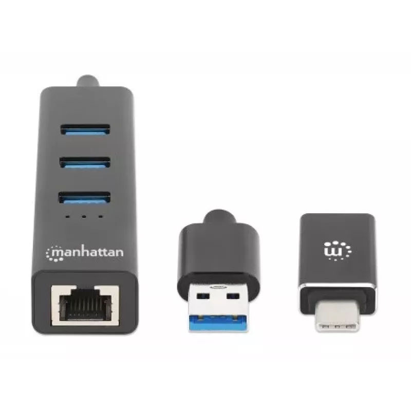 Manhattan USB-C & USB-A jungtis / šakotuvas, 4 prievadai: Ethernet ir 3x USB-A, 5 Gbps (USB 3.2 Gen1), maitinamas iš USB
