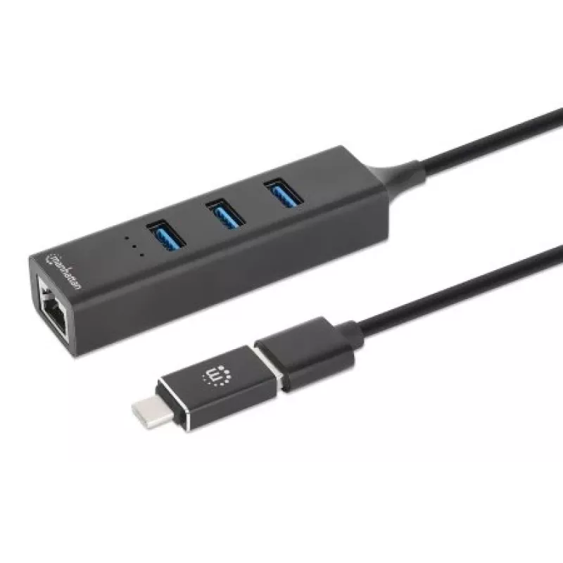 Manhattan USB-C & USB-A jungtis / šakotuvas, 4 prievadai: Ethernet ir 3x USB-A, 5 Gbps (USB 3.2 Gen1), maitinamas iš USB
