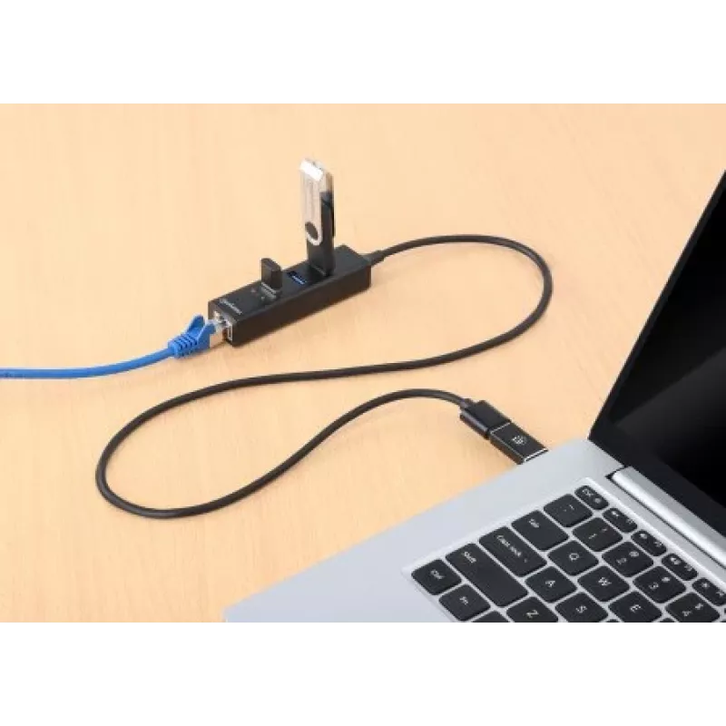 Manhattan USB-C & USB-A jungtis / šakotuvas, 4 prievadai: Ethernet ir 3x USB-A, 5 Gbps (USB 3.2 Gen1), maitinamas iš USB