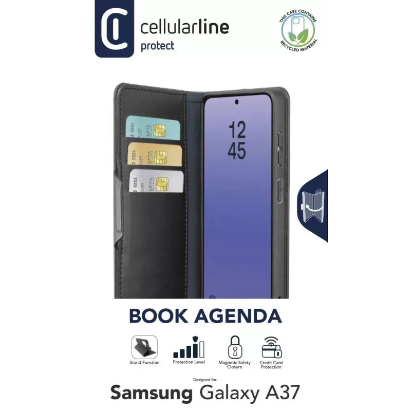 Cellularline Book Agenda 2 dėklas Samsung Galaxy A37, knygos stiliaus, dirbtinė oda, magnetinis užsegimas, stovas, RFID/NFC apsauga, juoda