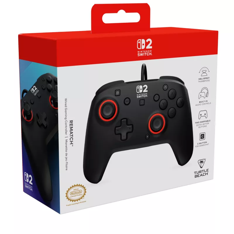 Laidinis žaidimų valdiklis Turtle Beach Rematch, skirtas Nintendo Switch 2 – USB‑C, 3 m laidas, galinis mygtukas, D-padas, juoda