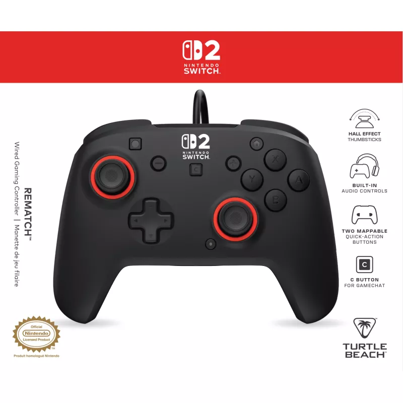 Laidinis žaidimų valdiklis Turtle Beach Rematch, skirtas Nintendo Switch 2 – USB‑C, 3 m laidas, galinis mygtukas, D-padas, juoda