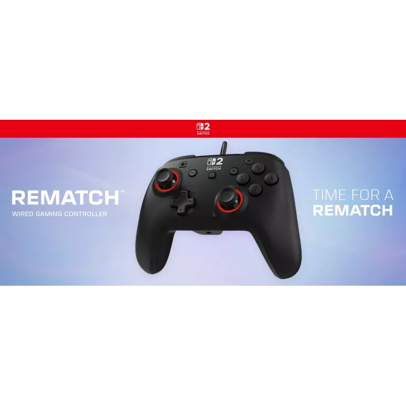 Laidinis žaidimų valdiklis Turtle Beach Rematch, skirtas Nintendo Switch 2 – USB‑C, 3 m laidas, galinis mygtukas, D-padas, juoda