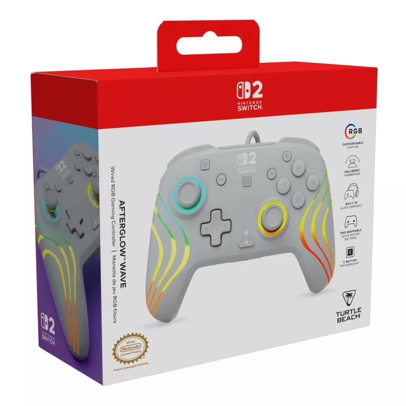 Prievadinis RGB žaidimų valdiklis Turtle Beach Afterglow Wave pilka – USB-C, 3 m laidas, skirta Nintendo Switch / Switch 2 / Switch OLED