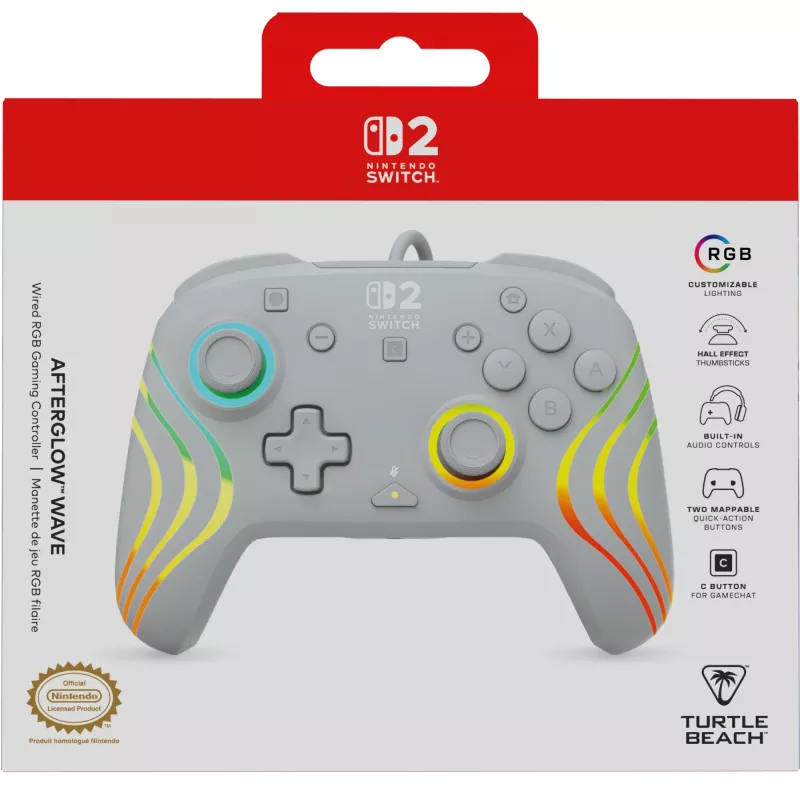 Prievadinis RGB žaidimų valdiklis Turtle Beach Afterglow Wave pilka – USB-C, 3 m laidas, skirta Nintendo Switch / Switch 2 / Switch OLED