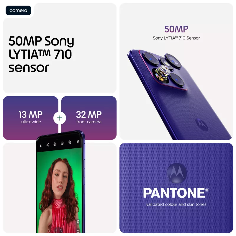 Išmanusis telefonas Motorola edge 70 fusion — Snapdragon 7s Gen 3, 8 GB RAM, 256 GB, 6,78 colio OLED, 50 MP dviguba kamera, 5G, Android 16, 5200 mAh, Violetinė