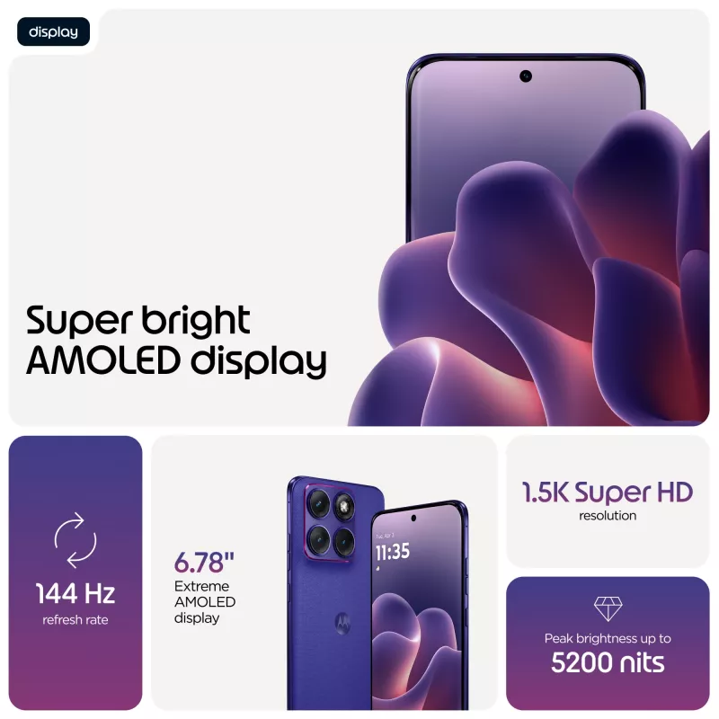 Išmanusis telefonas Motorola edge 70 fusion — Snapdragon 7s Gen 3, 8 GB RAM, 256 GB, 6,78 colio OLED, 50 MP dviguba kamera, 5G, Android 16, 5200 mAh, Violetinė