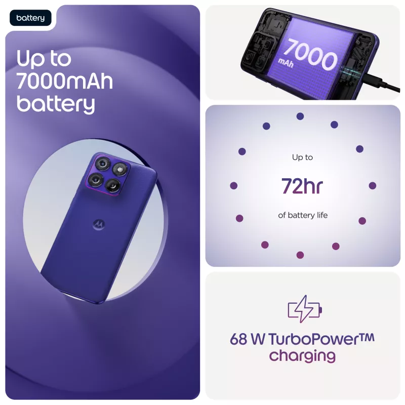Išmanusis telefonas Motorola edge 70 fusion — Snapdragon 7s Gen 3, 8 GB RAM, 256 GB, 6,78 colio OLED, 50 MP dviguba kamera, 5G, Android 16, 5200 mAh, Violetinė