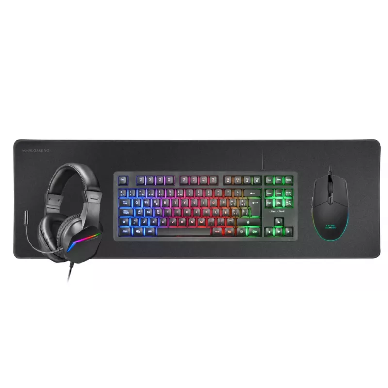 Mars Gaming 4-in-1 Gaming Combo MCP-RGB3, laidinis, USB, membraninė klaviatūra, RGB LED, juoda, pelė įtraukta