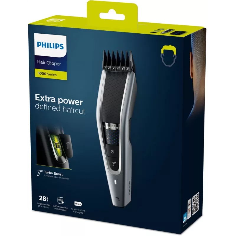 Philips 5000 serijos HC5630/15 plaukų kirpimo mašinėlė – belaidė, 28 ilgio nustatymai (0,5–28 mm), 90 min veikimo laikas, nerūdijančio plieno peiliukai