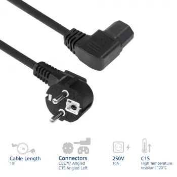 ACT maitinimo laidas CEE7/7 kištukas (kampuotas) - C15 (kampuotas kairėn) IEC60320 juodas 1 m