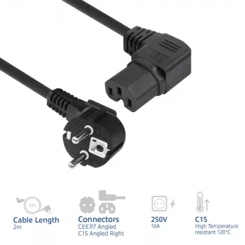 ACT maitinimo laidas CEE 7/7 kištukas (kampuotas) - C15 (kampuotas į dešinę) IEC60320 juodas 2 m