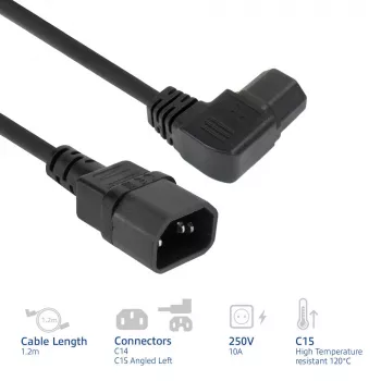ACT Powercord C14 – C15 (kairėn lenktas) IEC60320 juodas 1,2 m