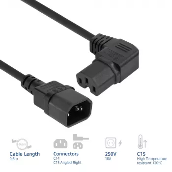 ACT maitinimo laidas C14 - C15 (kampu dešinėn) IEC60320 juodas 0,6 m