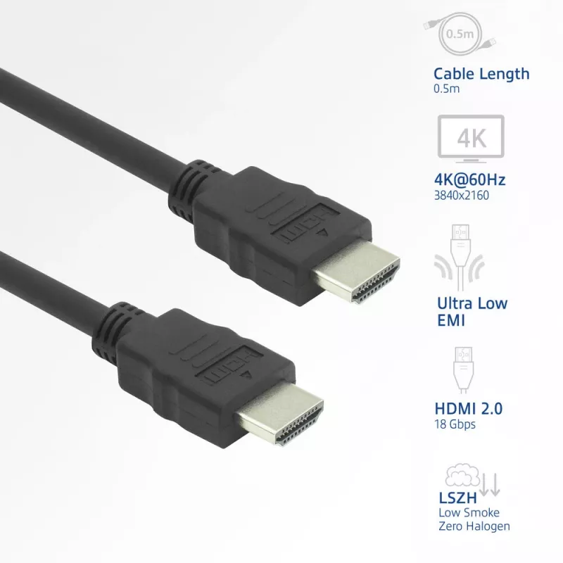 HDMI kabelis ACT AK3870 0,5 m — HDMI A tipo kištukas į HDMI A tipo kištuką, HDMI 2.0, 18 Gbit/s, ARC, auksuoti kontaktai, juodas