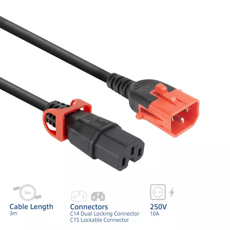 ACT maitinimo laidas C14 IEC Lock+ Dual Locking - C15 IEC Lock+ juodas 3 m, PC3876