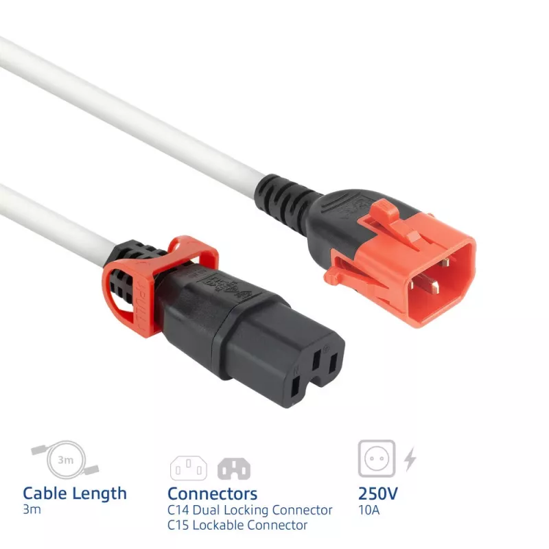 ACT Powercord C14 IEC Lock+ Dual Locking - C15 IEC Lock+ balta 3 m, PC3879