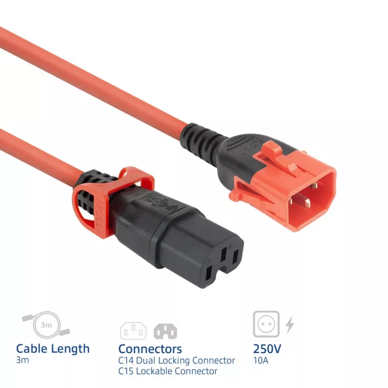Maitinimo laidas ACT C14 IEC Lock+ Dual Locking į C15 IEC Lock+ raudonas, 3 m, 250V 10A