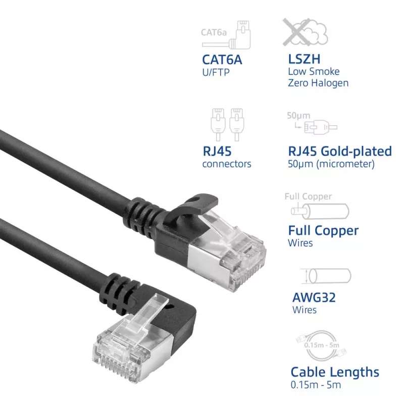ACT Black 1,5 m U/FTP CAT6A LSZH plonas pataisymo kabelis su RJ45 jungtimis 90° kampu į kairę ir tiesia