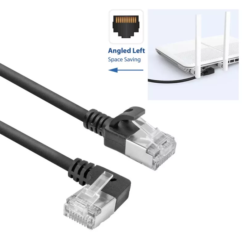 ACT Black 1,5 m U/FTP CAT6A LSZH plonas pataisymo kabelis su RJ45 jungtimis 90° kampu į kairę ir tiesia