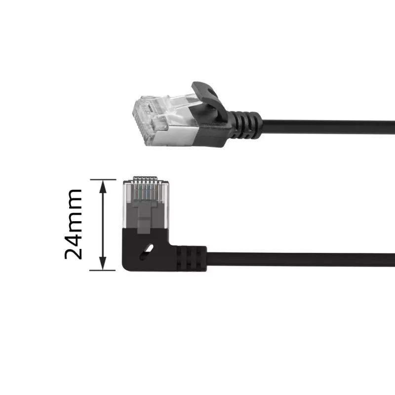 ACT Black 1,5 m U/FTP CAT6A LSZH plonas pataisymo kabelis su RJ45 jungtimis 90° kampu į kairę ir tiesia